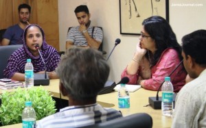 A Gujarat pogrom survivor speaking at the discussion in Mir Taqi Mir Bldg.; Wednesday, Oct. 10, 2012 (Photo: Iymon Majid)